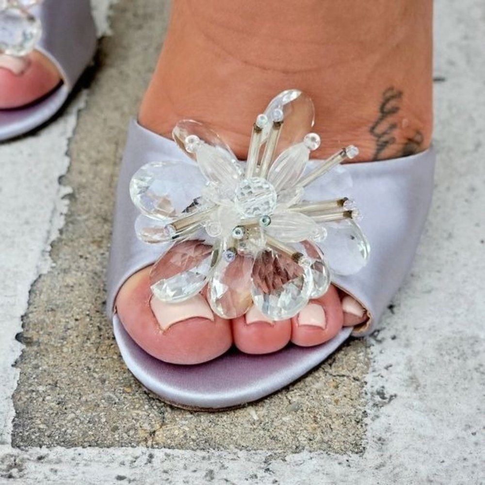 Women's Silver Satin Stiletto Ankle Strap Heels Flower Detail Elegant Style - Picture 4 of 4